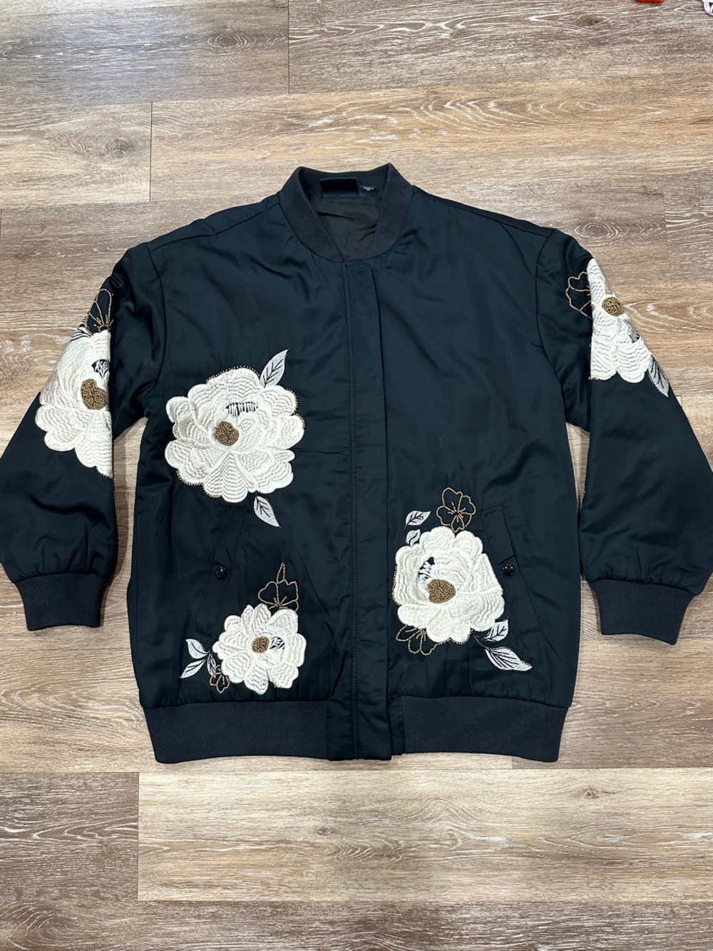 Anthropologie Maeve Floral Embroidered Navy Blue Bomber Jacket
